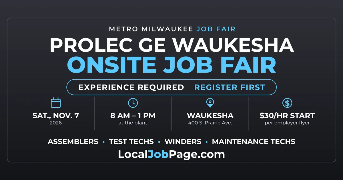 Prolec GE Waukesha Job Fair Nov. 7: Transformer Plant Hiring Assemblers and Techs at $30 an Hour